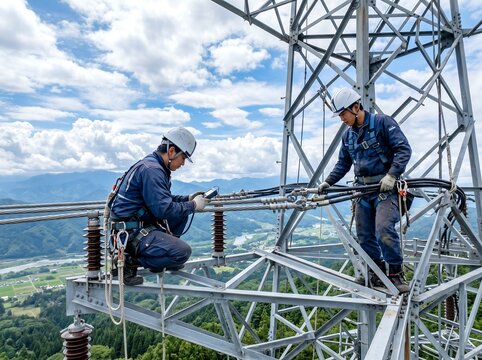 巨大な送電鉄塔の上で電力インフラを点検するプロの作業員