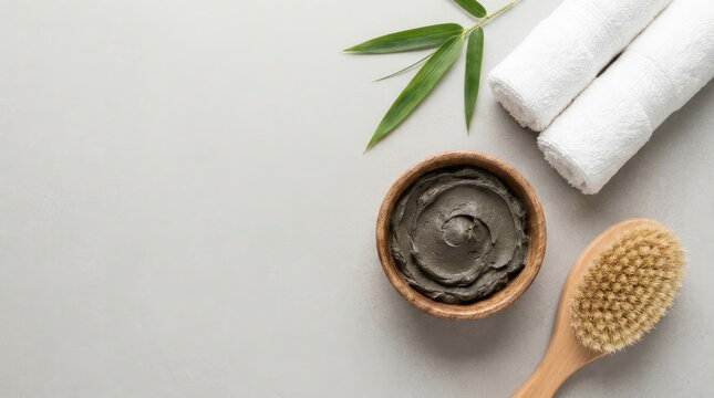 Spa Wellness Flat Lay with Natural Mud Mask and Body Brush