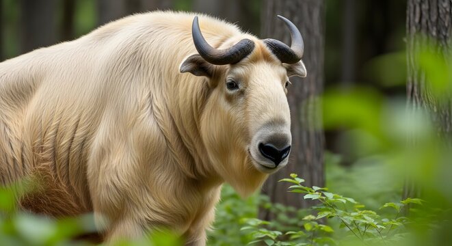 Golden takin standing in a forest. Rare Budorcas taxicolor animal in natural habitat.