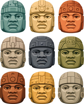 Set of nine colorful Olmec colossal head illustrations in a grid layout.