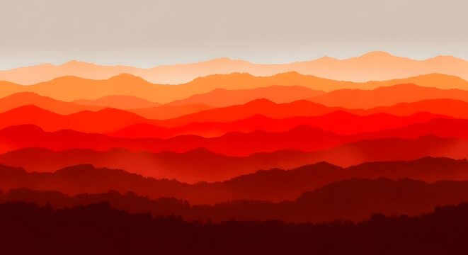 Abstract mountain landscape at sunset. Red orange hills background with layered silhouettes.