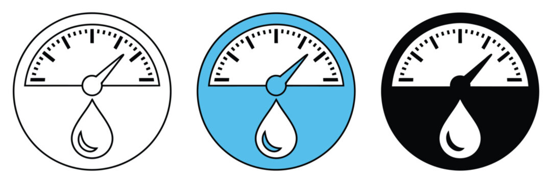 Hygrometer icon set with humidity sensor, weather monitoring device, climate control, temperature measurement and environmental testing