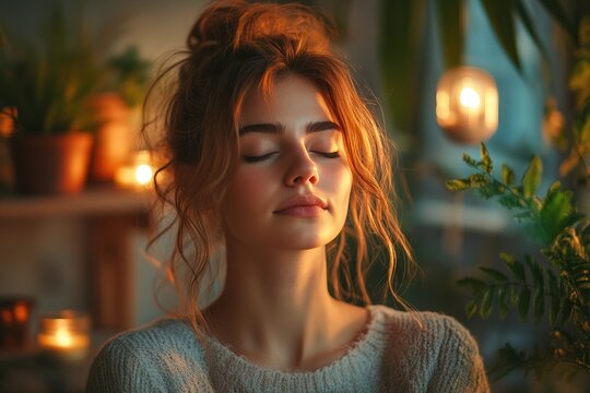 Woman practicing meditation and deep breathing at home as a calming approach to stress relief and emotional wellbeing.