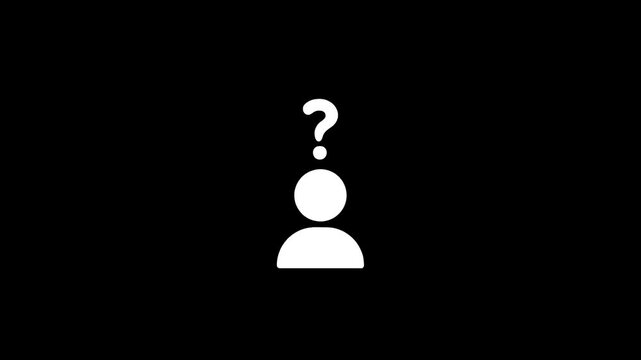 Minimalist animated question mark with human silhouette, concept of confusion, uncertainty, and problem solving, isolated on black background