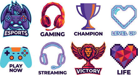 Esports And Gaming Vector Logo Set Featuring Gamepad Headset Trophy Dragon Mascot And Pixel Heart Icons © Md