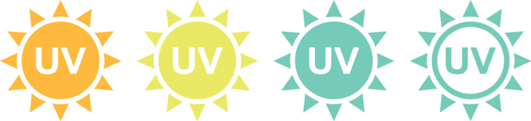 Set of colorful sun icons with UV text representing solar radiation levels and skin protection. © MehrunNesa