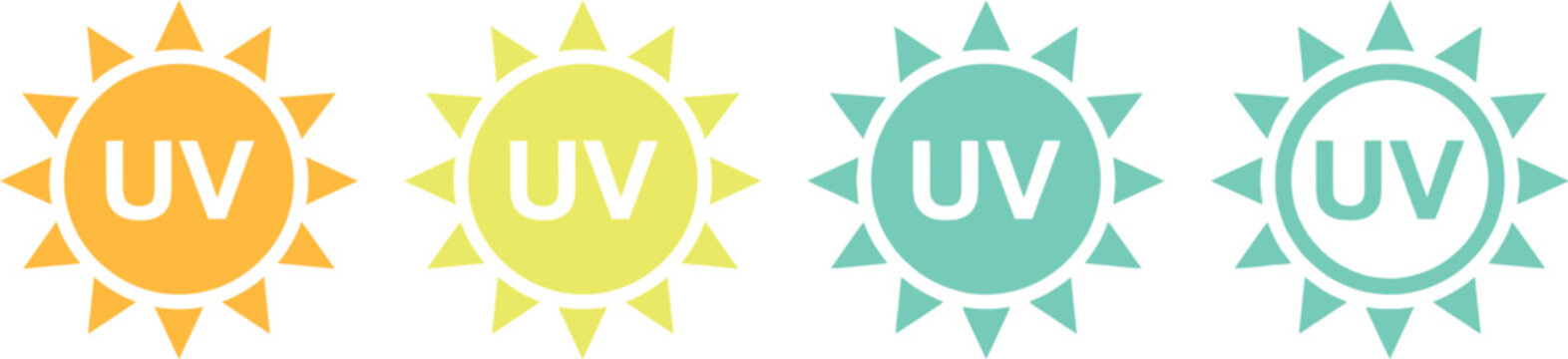 Set of colorful sun icons with UV text representing solar radiation levels and skin protection.