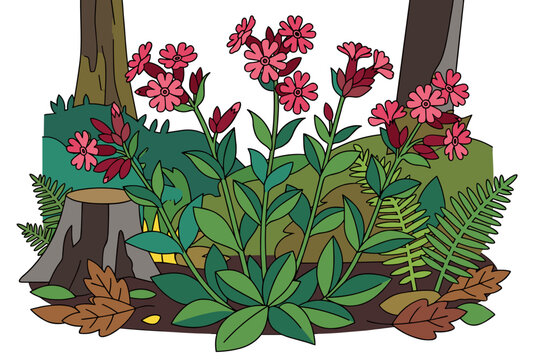 Red campion flowers growing in woodland Concept of wild forest flora
