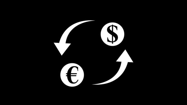 Currency exchange animation with us dollar and euro symbols rotating in a loop on black background finance