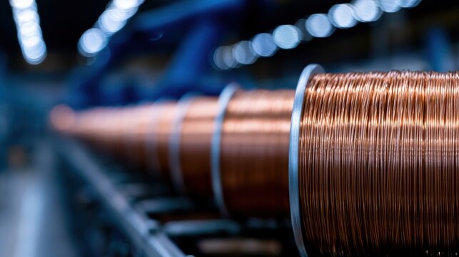 Industrial copper wire spools lined up in a factory. Essential concept for manufacturing and electrical supply.