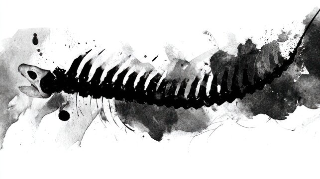 Ink painting of a fish skeleton on white artistic design concept