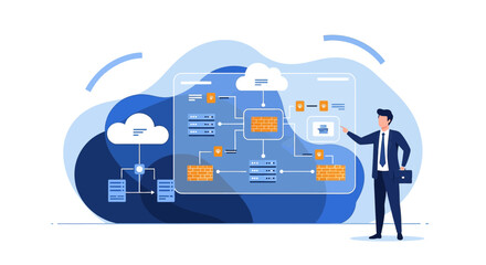 Fototapeta premium Cloud Computing Network Diagram with Businessman and Connection Flow