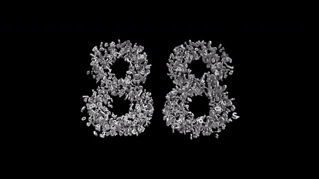 Number 88 Formed by Small Digits Animation with Alpha Channel. Typographic Number Formation Effect. Digital Number Made of Numbers. 3D Font Typographic Animation. Transparent BG