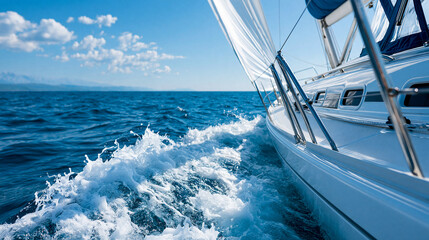 Fototapeta premium Sleek sailboat cutting through deep blue water leaving a frothy wake, dynamic sailing energy , with copy space