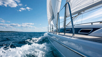 Fototapeta premium Sleek sailboat cutting through deep blue water leaving a frothy wake, dynamic sailing energy , with copy space