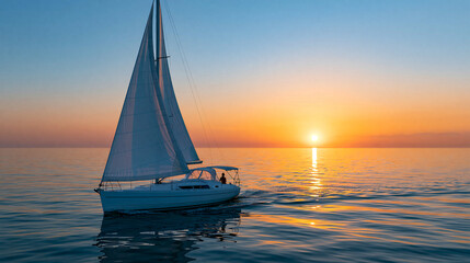 Fototapeta premium Sailboat gracefully gliding across serene waters at sunset, golden reflections, tranquil ocean freedom , with copy space