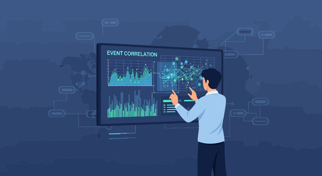 Analyst reviewing event correlation data visualization on large screen
