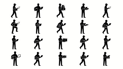 Fototapeta premium Delivery personnel are shown as black icons in various poses while managing packages and shipping logistics.
