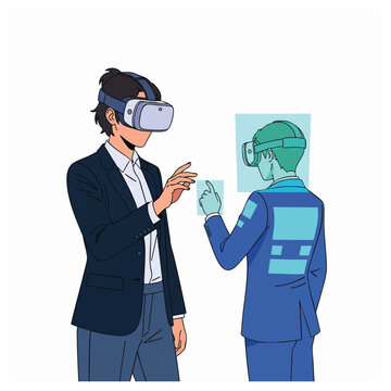 Futuristic professional woman wearing VR headset interacting with friendly humanoid robot in modern workspace, concept for AI collaboration, tech innovation, and virtual training simulations in