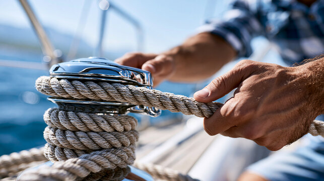 Faceless hands operating a polished chrome boat winch with marine rope, nautical craftsmanship detail , with copy space