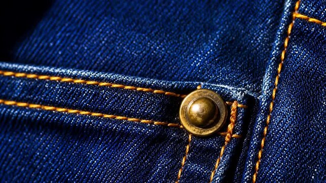 Closeup of denim fabric with brass button and yellow stitching  