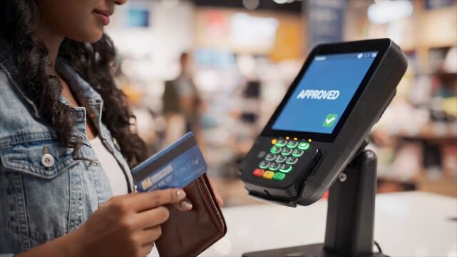 A customer makes a fast contactless payment using a bank card at a retail checkout terminal.