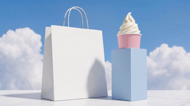 Blank shopping bag and soft serve ice cream among clouds