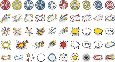 Retro comic book dizzy express element set with speech bubbles halftones explosion bursts stars spirals and pop art effects © Rofiqul