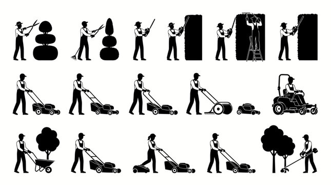 Landscapers utilize professional equipment to maintain lawns and shape trees in this detailed collection of black vector silhouettes.