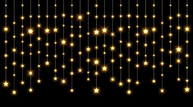Golden glowing star string lights isolated on black background