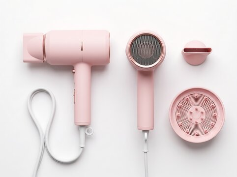 Modern pink hair dryer with attachments isolated on white background