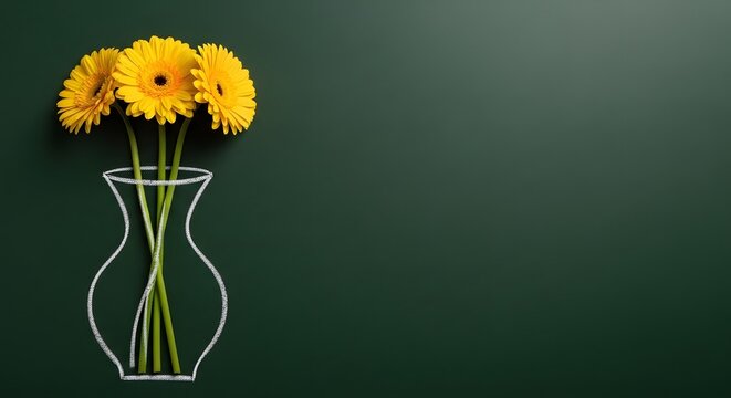 Bright yellow flowers in a clear glass vase. Minimalist floral arrangement with fresh blooms on dark background. Elegant home decor for modern inte...