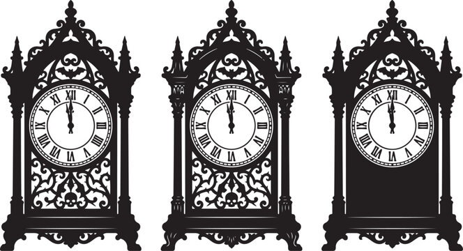 Elegant black silhouette grandfather clocks set of three vintage timepieces