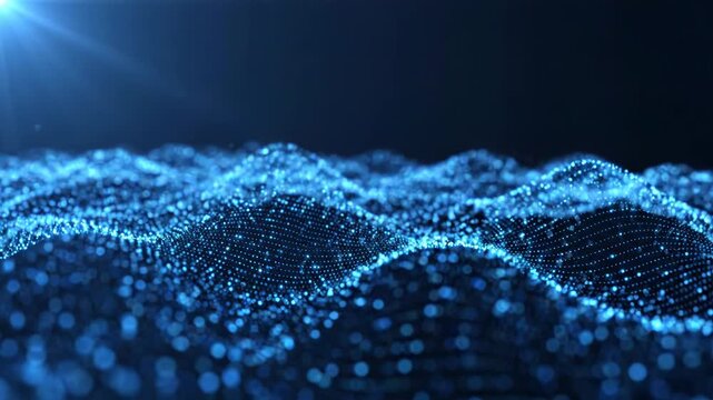 Abstract digital landscape with blue glowing particles forming a wave pattern on a dark background
