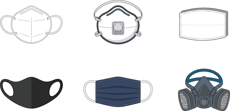 Medical protective face masks and industrial respirator filters set featuring fabric cloth mask particulate dust masks isolated on white background for virus prevention