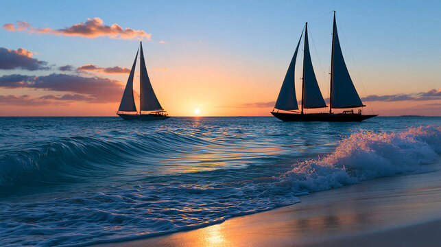 Sunset over the ocean with sailboats silhouetted on the horizon, calm and peaceful seascape , with copy space