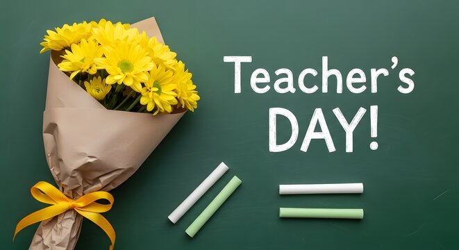 Yellow flowers for Teacher's Day. Bouquet on chalkboard background. Education appreciation gift.