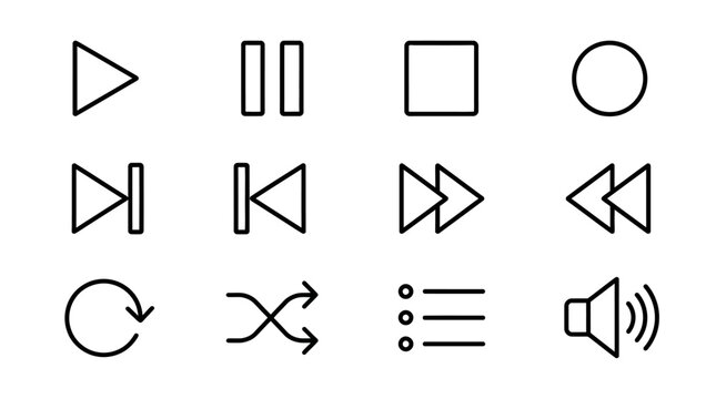 Playback and navigation symbols provide a comprehensive set of interface elements for interactive multimedia applications.
