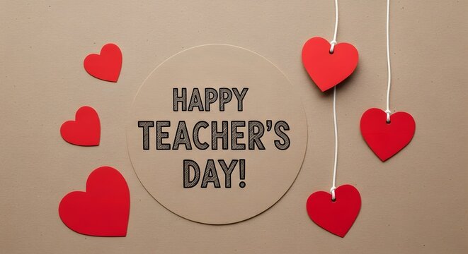 Happy Teacher's Day greeting card. Red hearts on craft paper. Appreciation for school educators.