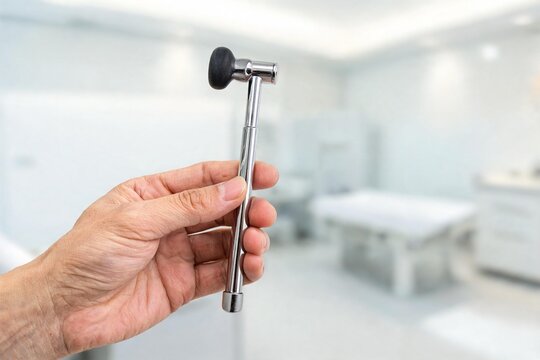 Mano de m&eacute;dico sosteniendo un martillo de reflejos neurol&oacute;gico de metal con fondo de consultorio desenfocado.