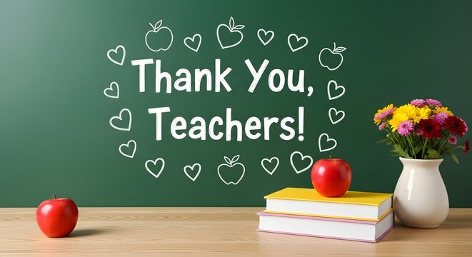 Thank you teachers written on chalkboard. School supplies and flowers. Education appreciation day.