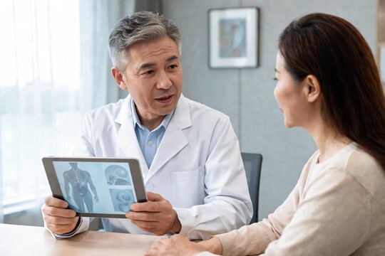 Doctor asi&aacute;tico en bata blanca mostrando ilustraciones anat&oacute;micas en una tableta a su paciente en consulta.