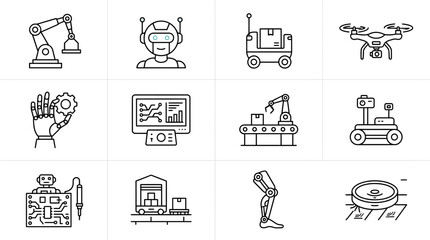 Fototapeta premium Robots and automation icons illustrate various technological processes used in modern industrial manufacturing.