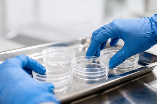 Manos de cient&iacute;fico con guantes de nitrilo manipulando cajas de Petri transparentes en un laboratorio.