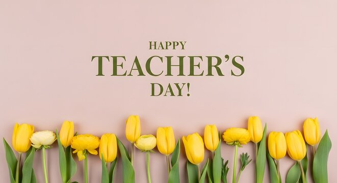 Happy Teachers Day greeting card. Yellow tulips on pink background. Festive school holiday art.