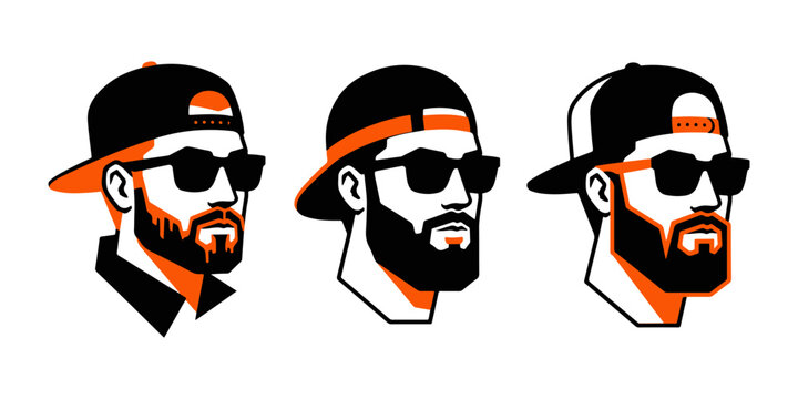 Flat vector pop art style illustration of three bearded men wearing sunglasses and snapback caps