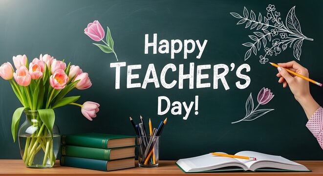 Happy Teachers Day greeting on chalkboard. Hand drawing flowers on board. Education celebration.