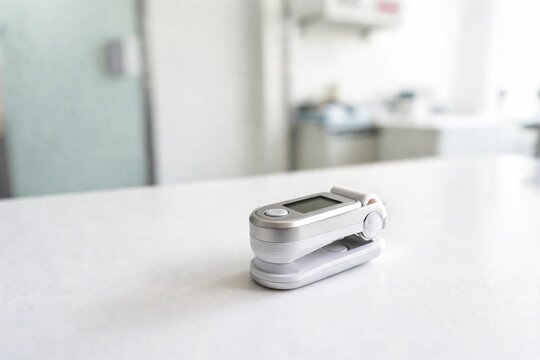 Pulsiox&iacute;metro digital port&aacute;til en reposo sobre una mesa m&eacute;dica con fondo cl&iacute;nico en desenfocado.