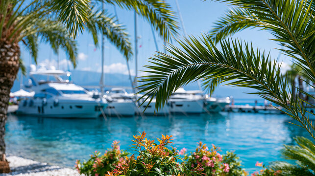 Luxury yachts and gulets docked at a tropical marina, summer travel and relaxation concept , with copy space