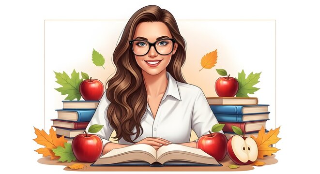 Young woman reading a book with fresh fruits on table. Female student studying nutrition surrounded by apples and oranges. Healthy lifestyle and ed...
